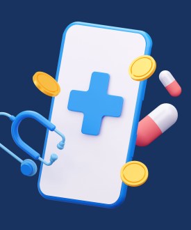 3d rendering illustration that shows a smartphone in the center with a medical "+" symbol on the screen. A stethoscope, pills, and coins float around the phone over a blue background.