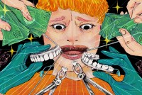 A spooky illustration of a toothless person having their real teeth replaced by a full set of dental implants. Rubber gloved hands move in from the bottom, holding the implants. Ungloved hands move down from the top of the image, counting a stacks of cash.