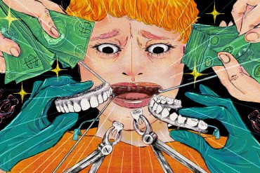 A spooky illustration of a toothless person having their real teeth replaced by a full set of dental implants. Rubber gloved hands move in from the bottom, holding the implants. Ungloved hands move down from the top of the image, counting a stacks of cash.